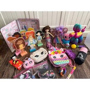 Huge wooden doll interactive play lot, Squeakee- Rainbowie, purse pet + more